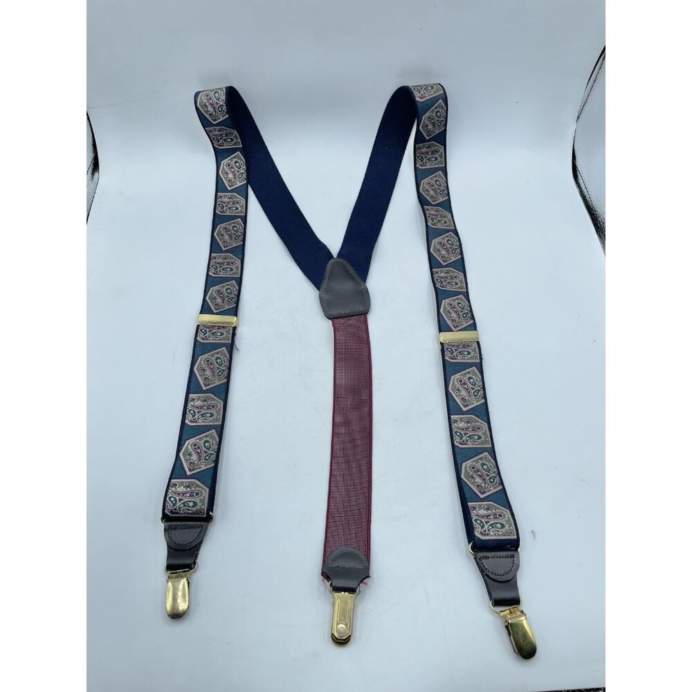 Vintage Pelican USA Burgundy Suspenders Blue/green Paisley Gold Clips